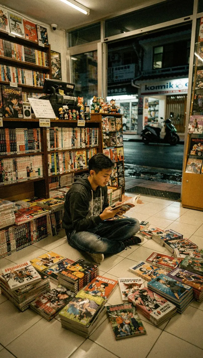 A cozy reading nook in the shop with customers enjoying graphic novels and manga.