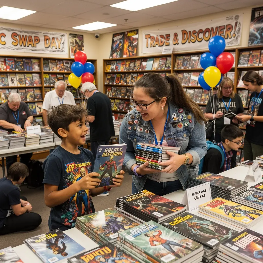 An assortment of collectible figurines lined up alongside comic book shelves.