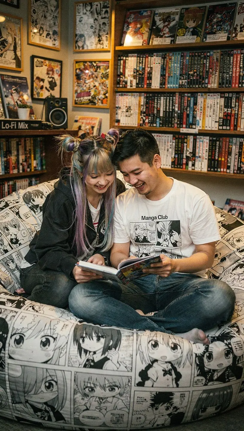 A cheerful shopkeeper assisting a young reader in selecting their first manga.