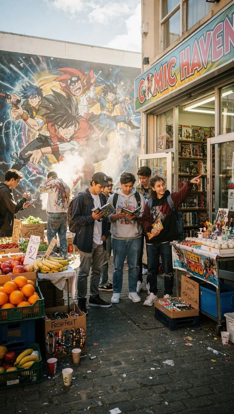 A cozy reading nook in the shop with customers enjoying graphic novels and manga.