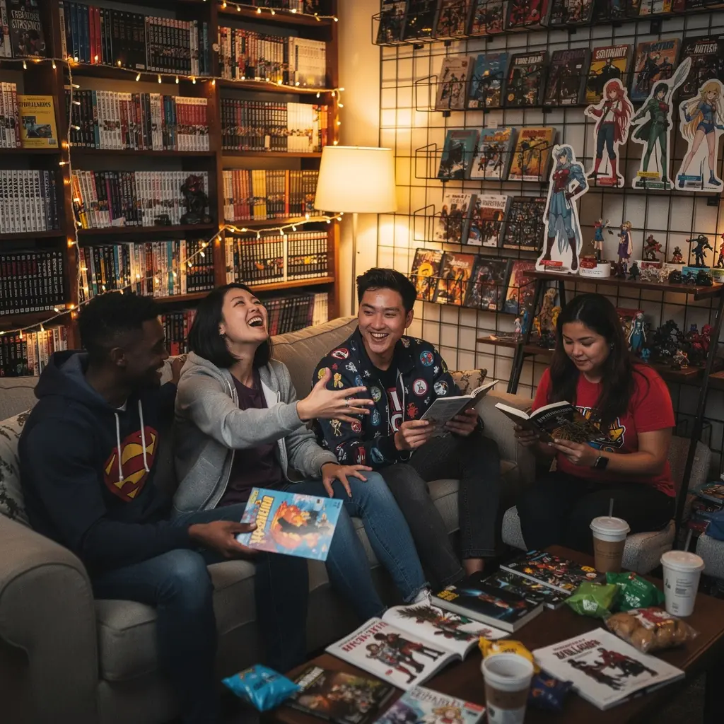 A promotional poster highlighting the latest comic book releases and upcoming events in the shop.