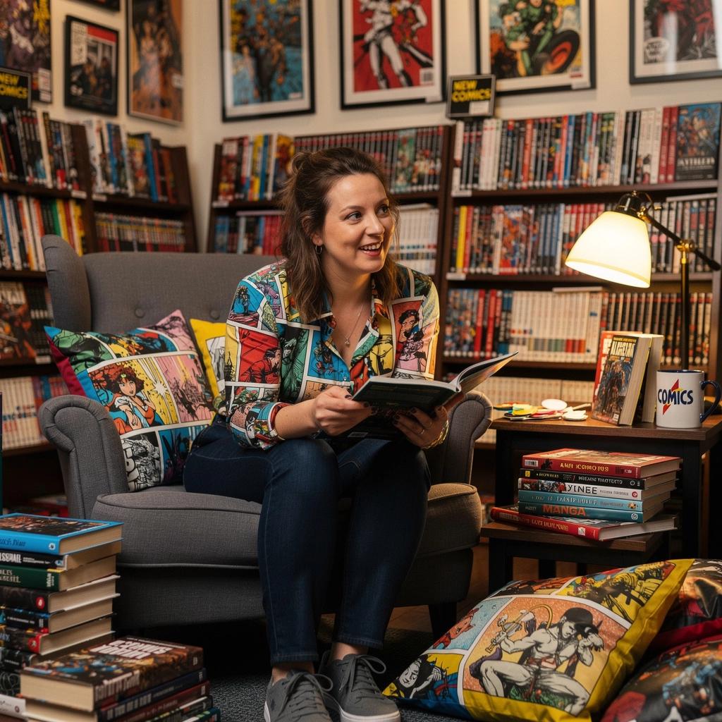 An inviting interior shot of the comic shop showcasing shelves filled with various graphic novels and manga.