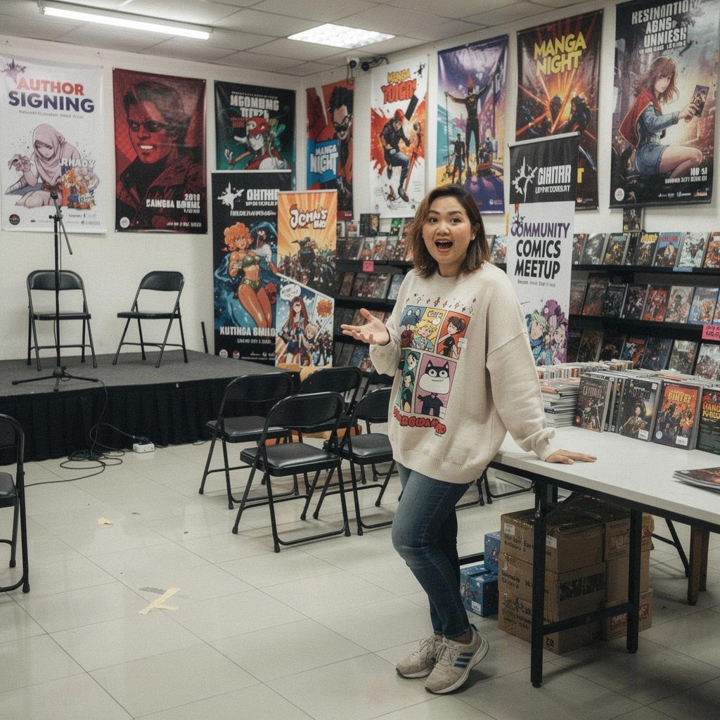 A promotional poster on the wall advertising an upcoming comic book signing event with local artists.